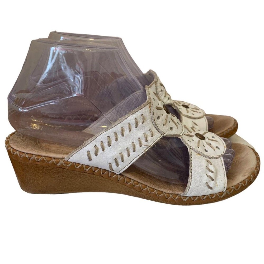 Women’s White Leather Wedge Sandals - Floral Cutout. Item #3026